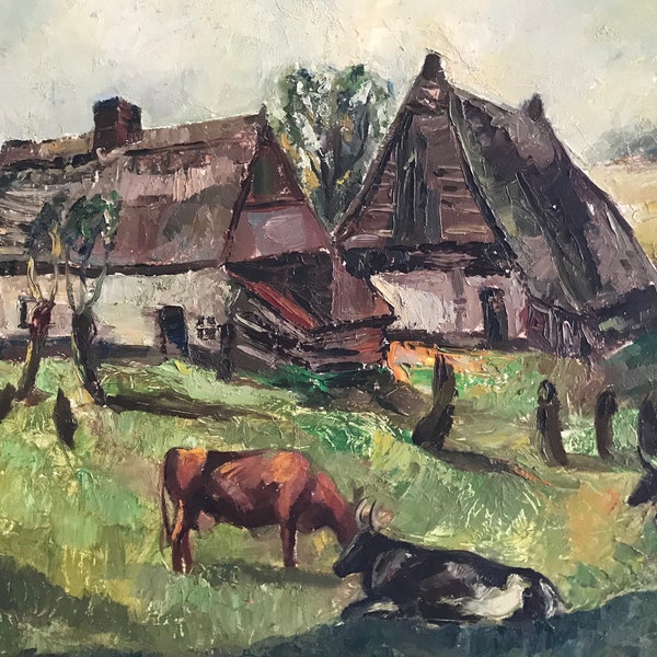 Tableau peinture huile sur toile les vaches devant la ferme signé et daté 1942