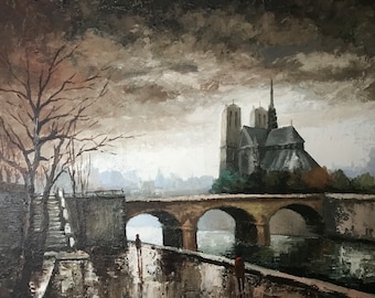 Original painting oil on canvas Paris Notre Dame signed and dated 1971