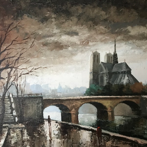 Tableau peinture originale huile sur toile Paris Notre Dame signé et daté 1971