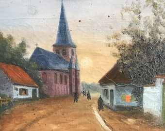 Tableau ancien peinture originale huile sur toile  scène de village circa 1920