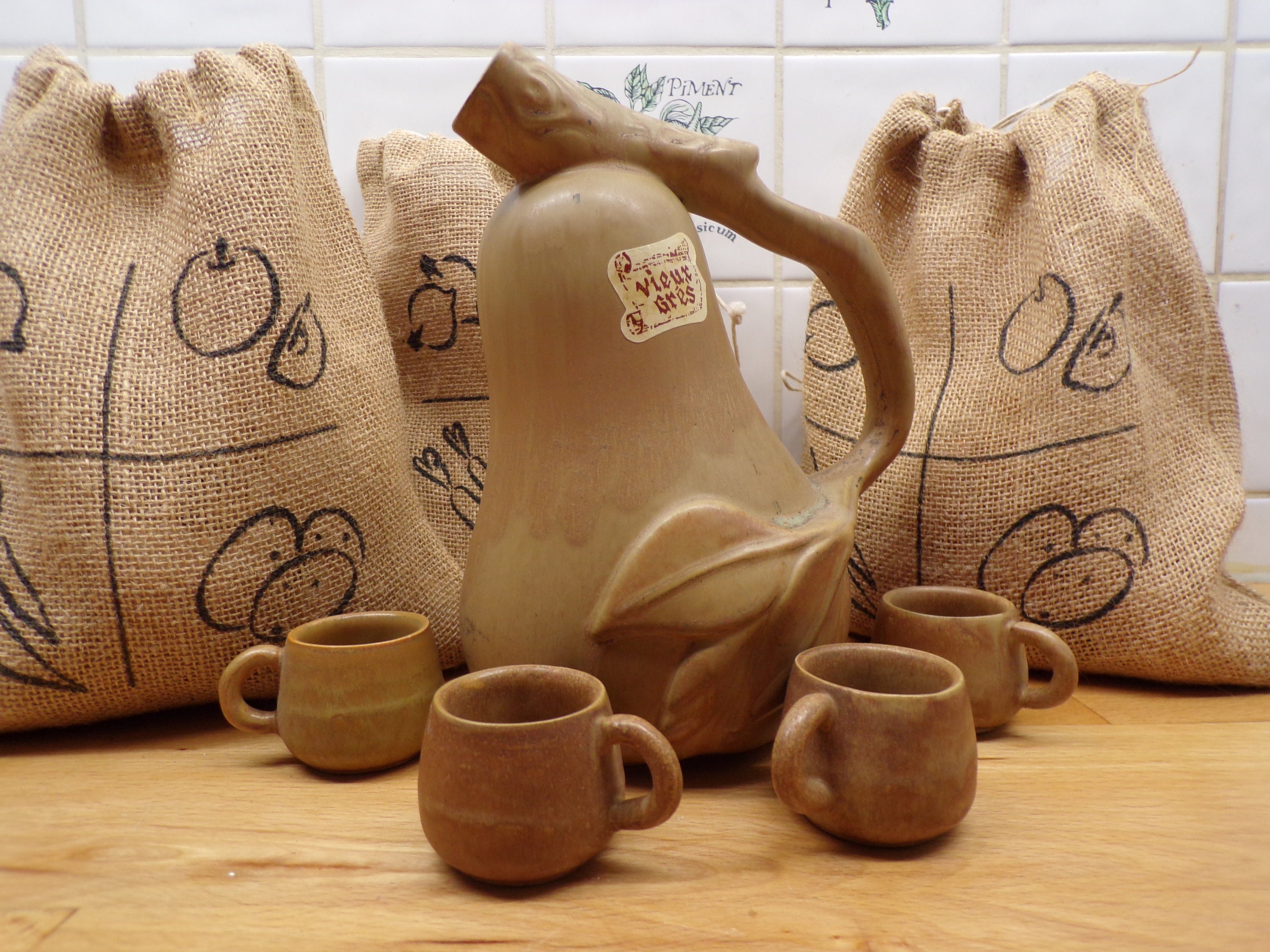 Service à Liqueur en Grès Rhodacéram Carafe Poire et Quatre Verres