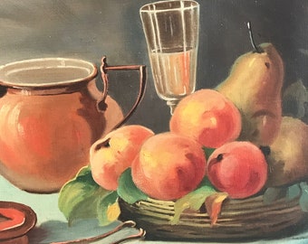 Tableau peinture huile sur toile petite nature morte aux pommes et aux poires signée R.Parret XXème siècle