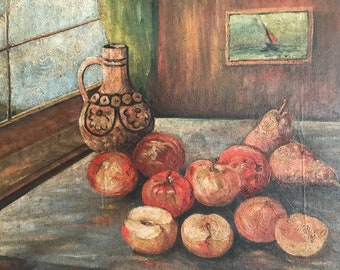 Painting original oil painting on canvas mounted on cardboard still life with apples and pears 19th century