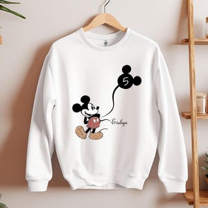 Custom Kid Name Age Mickey Mouse With Balloon Sweatshirt, Cute Disney Sweatshirt, Personalized Birthday Sweatshirt, Disneyland Family Trip
