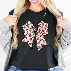 Coquette Valentine&#39;s Day Heart Bow T-Shirt, Retro Valentine T-shirt, Coquette Bow T Shirt, Valentines Day Shirt, Bow Valentine Gift Shirt
