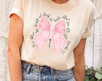 Proverbs 31:25 T-Shirt, She Is Clothed With Strength T Shirt, Coquette Bow Shirt, Bible Verse Shirt, Christian Girls Shirt, Religious Shirt