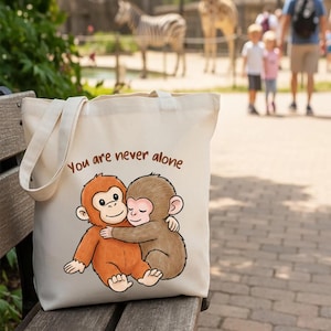May include: A beige tote bag with the text "You are never alone" and a graphic of two hugging monkeys. The monkeys are brown and orange. The bag has two handles and is sitting on a wooden bench.