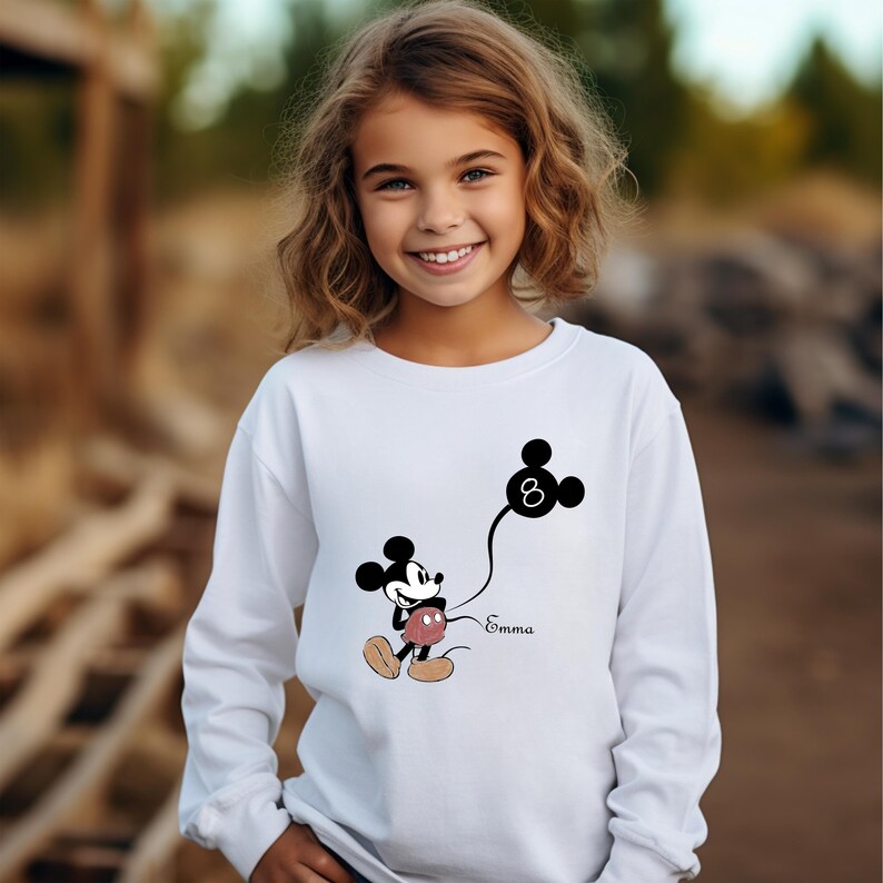 Custom Kid Name Age Mickey Mouse With Balloon Sweatshirt, Cute Disney Sweatshirt, Personalized Birthday Sweatshirt, Disneyland Family Trip