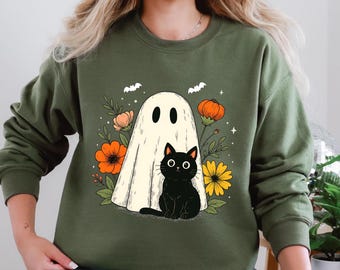 Halloween Black Cat & Ghost Sweatshirt: Spooky Season Comfort