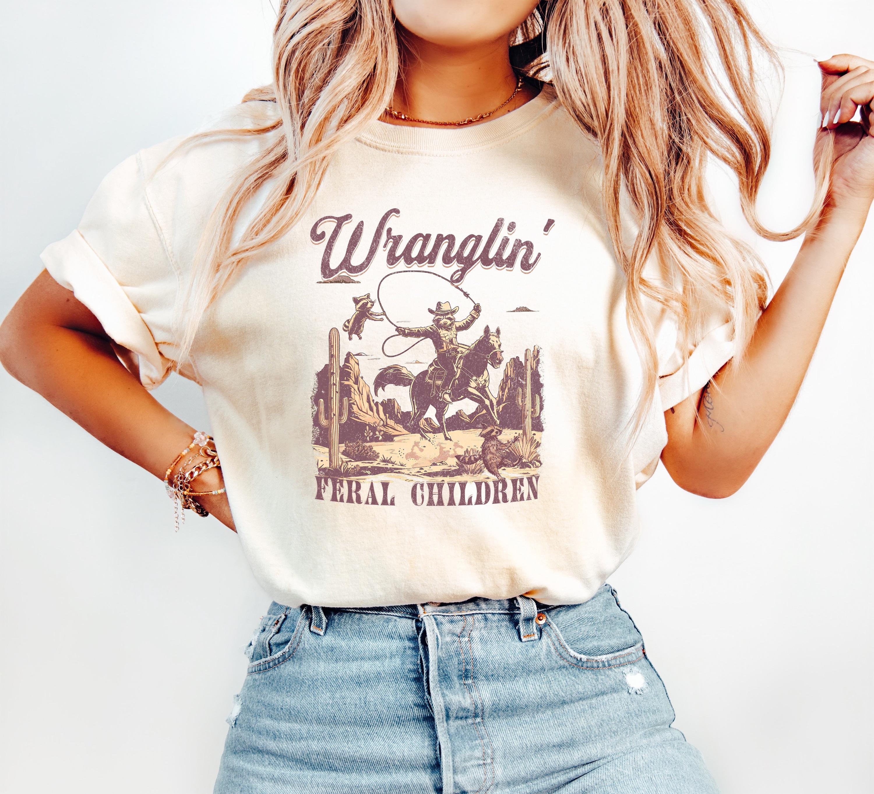Comfort Colors T-Shirt\ Retro Wranglin' Feral Children Raccoon T-Shirt, Vintage Western Raccoon T Shirt, Funny Mom Shirt, Raccoon Shirt