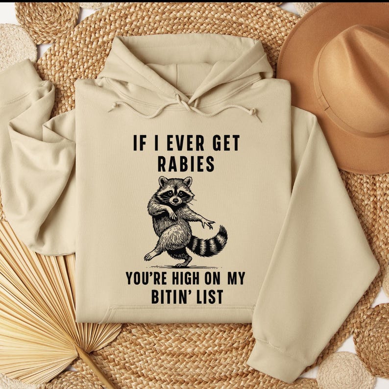 Hoodie with a funny raccoon and the phrase “If I Ever Get Rabies You’re High On My Bitin’ List.” Trendy viral meme design with sarcastic humor.