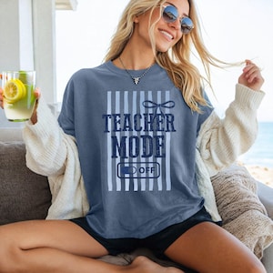 Teacher Mode Off Comfort Colors, Striped Last Day Of School Tee, Teacher Summer Clothing image 3
