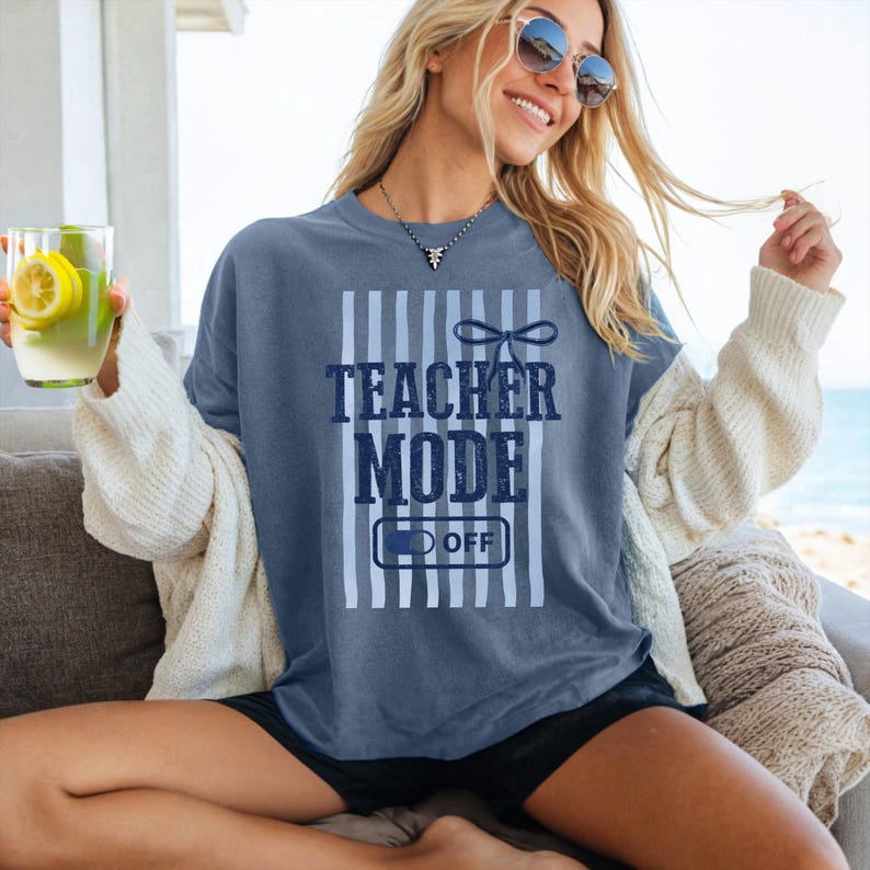 Teacher Mode Off Comfort Colors, Striped Last Day Of School Tee, Teacher Summer Clothing image 3