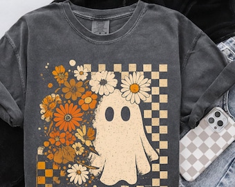 Comfort Colors Checkered Ghost Shirt: Boho Halloween Tee