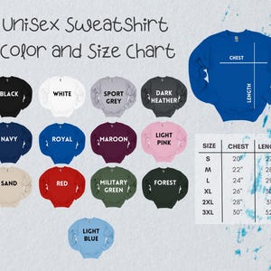 Puede incluir: Tabla de tallas y colores para sudadera unisex con 14 opciones de colores diferentes. La tabla muestra las medidas de pecho y longitud en pulgadas para las tallas S, M, L, XL, 2XL, 3XL.