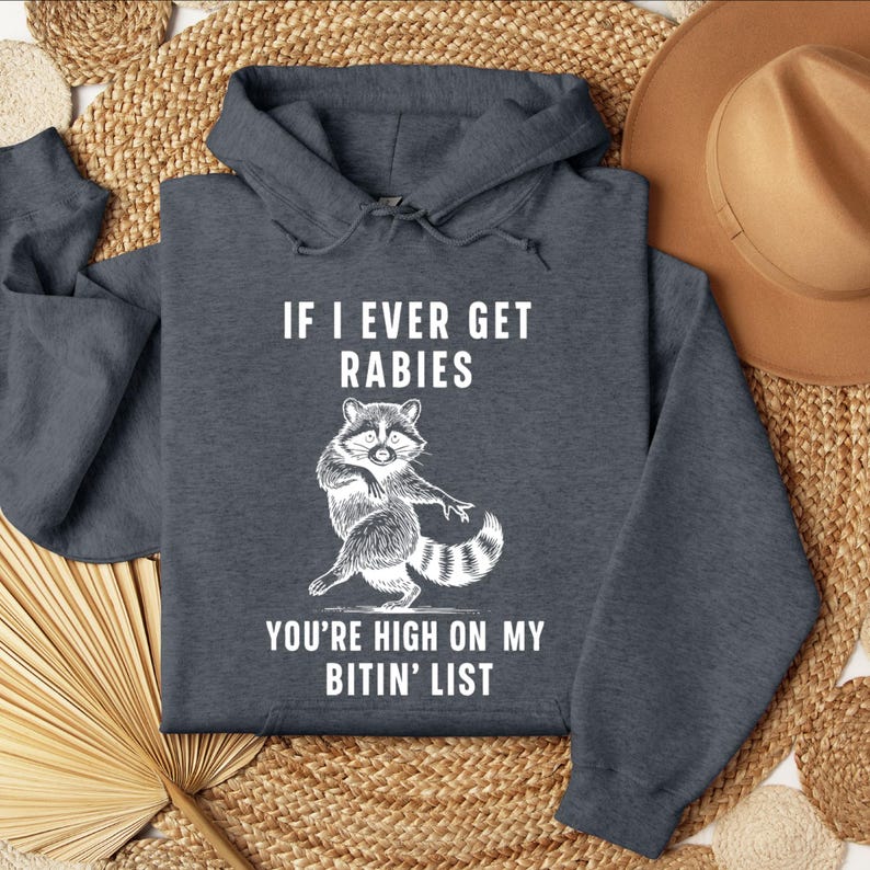 Op de afbeelding: Donkergrijze hoodie met de tekst "IF I EVER GET RABIES" en "YOU'RE HIGH ON MY BITIN' LIST" in het wit. Een witte cartoon wasbeer staat onder de tekst. De hoodie heeft een capuchon met trekkoord en lange mouwen.