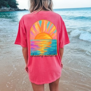 Comfort Colors® Coconut Girl Sunset T-shirt, Summer Vacation Beach Shirt, Chasing Sunsets Shirt, Salty Mermaidcore Shirt for Surfer
