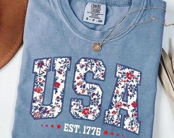 Comfort Colors 4th of July Shirt: Floral USA Patriotic Tee