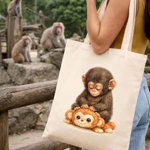 May include: A cream-colored tote bag featuring a detailed illustration of two cartoon monkeys. One monkey is brown and appears to be resting on top of a smaller, orange monkey. The background shows several real monkeys and a wooden fence.