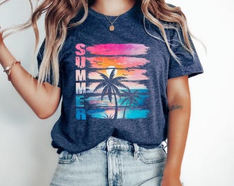 Hello Summer Beach T-Shirt: Tropical Palm Tree Vacation Tee