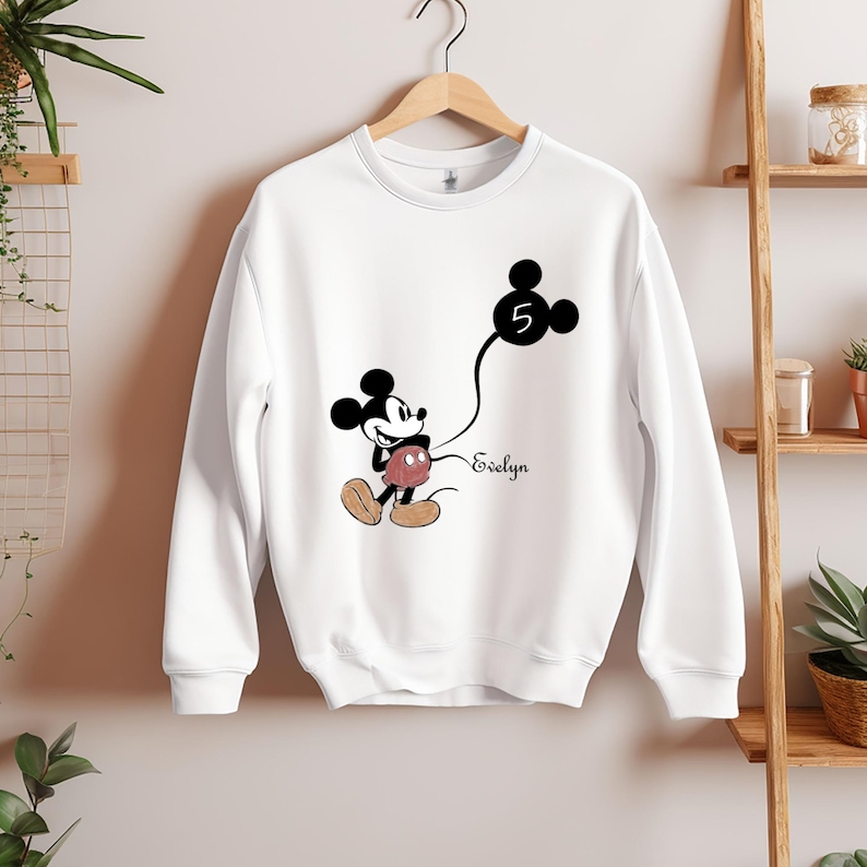 Custom Kid Name Age Mickey Mouse With Balloon Sweatshirt, Cute Disney Sweatshirt, Personalized Birthday Sweatshirt, Disneyland Family Trip