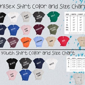 May include: A chart showing unisex and youth shirt colours and sizes. The unisex chart displays colours such as black, white, and navy, with measurements in inches. The youth chart also presents colours and size details.
