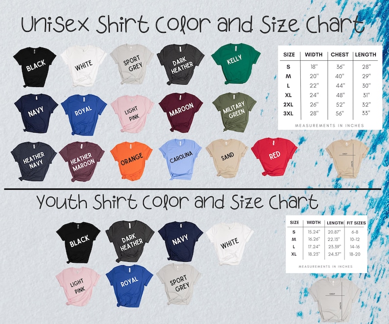 May include: A chart showing unisex and youth shirt colours and sizes. The unisex chart displays colours such as black, white, and navy, with measurements in inches. The youth chart also presents colours and size details.