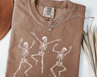 Comfort Colors Dancing Skeletons Shirt: Retro Halloween Graphic Tee