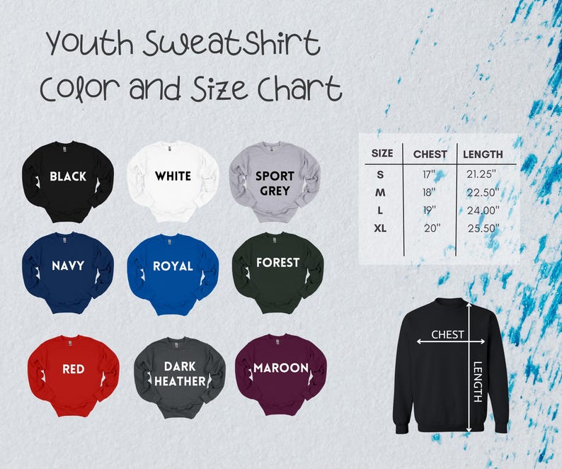 Puede incluir: Tabla de tallas de sudadera para j&oacute;venes con opciones de color. Las tallas van de la S a la XL con medidas de pecho de 17 a 20 pulgadas y longitudes de 21,25 a 25,50 pulgadas. Los colores incluyen negro, blanco, gris deportivo, azul marino, azul real, bosque, rojo, gris oscuro jaspeado y granate.