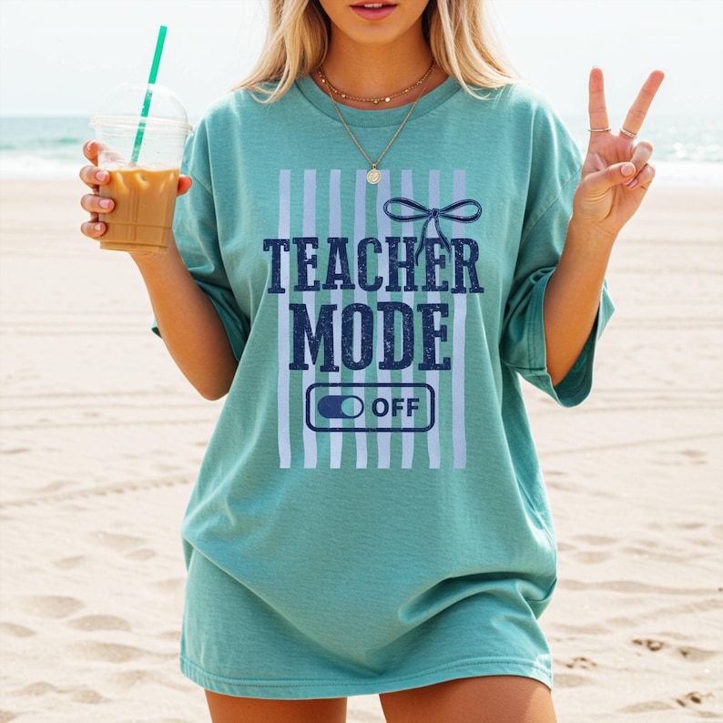 Teacher Mode Off Comfort Colors, Striped Last Day Of School Tee, Teacher Summer Clothing image 6