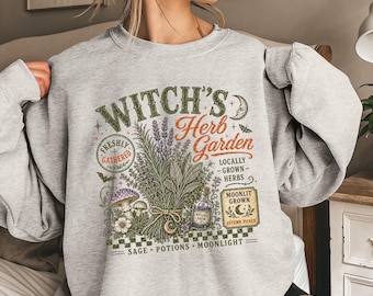 Witch’s Herb Garden Sweatshirt, Witchy Botanical Crewneck, Fall Halloween Mushroom Plant Lover Gift