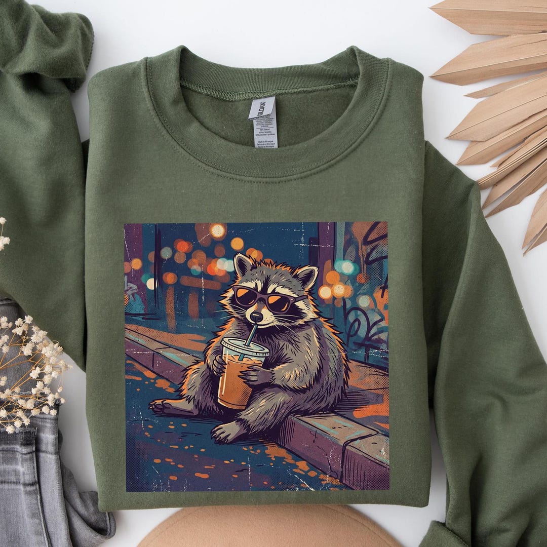 Funny Raccoon Drinking Iced Coffee Sweatshirt : Animal Meme Retro ...