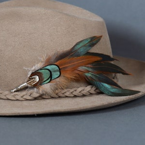 Feather Hat pin, Unique boho hippie Trilby accessory, Iridescent black feathers, statement piece for wedding groom, boutonniere brooch clip