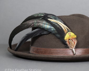 Extra long black iridescent feather hat pin, Naturally curved trilby add on, green peacock rooster feathers, custom boho hippie hat decor