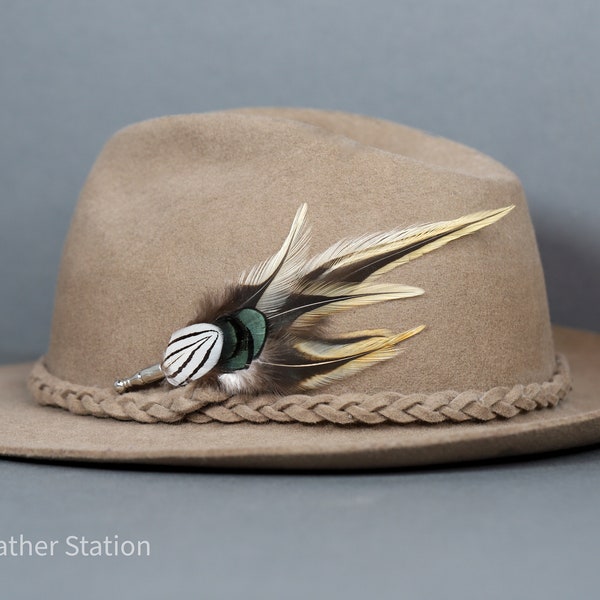 Handmade natural golden tip feather hat pin, custom trilby add on, boho hippie groom statement headpiece accessory, unique cap jewellery