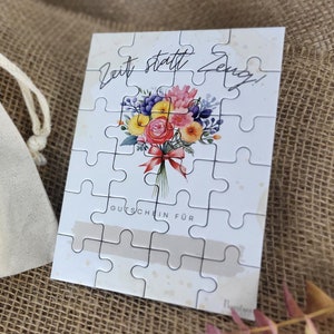 Puzzle Gutschein Zeit statt Zeug Überraschung Geburtstag Frau, Freundin Geschenk Idee Mama, personalisierbar zum Selbstausfüllen Blumen