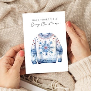 Weihnachtskarte Ugly Christmas Sweater Aquarell, Skandi Grußkarte Winter Pullover Cozy Christmas, Hippe Klappkarte Weihnachtspost Norweger