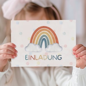 Regenbogen Einladung Kindergeburtstag, Pastell Rainbow Einladungskarten zum Ausfüllen, Rosa Boho Regenbogen Geburtstagseinladung Mädchen