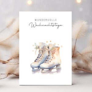 Weihnachtskarte Schlittschuh Aquarell, Skandi Wundervolle Weihachtstage Eislaufen Grußkarte, Boho Klappkarte Weihnachtspost nostalgisch