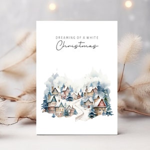 Weihnachtskarte Winter Dorf Aquarell, Dreaming of a white Christmas Karte Grußkarte, Klappkarte Weihnachtsgeschenk Winterlandschaft Boho