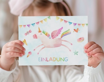 Einhorn Einladungskarten für Mädchen Kindergeburtstag, Rosa Pastell Geburtstagseinladung Einhorn, A6 Einladung Einhornparty zum Ausfüllen