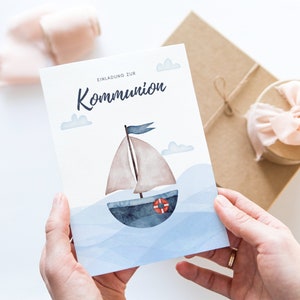 Einladung Kommunion Junge Segelboot, Kommunion Einladungskarte Mädchen, Kommunion Einladung Aquarell, Erstkommunion Einladung zum Ausfüllen