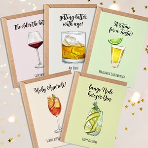 5 lustige Grußkarten Geburtstag Getränke-Motiv, Glückwunschkarten Freund, Klappkarte humorvoller Spruch, Grußkarte Drinks Gin Whiskey Wein