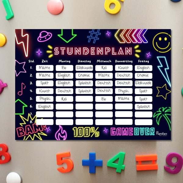 A4 Magnetischer Neon Stundenplan Geschenk Einschulung Junge, cooler abwischbarer Wochenplaner Schulkind, wahlweise mit Stift für Kühlschrank