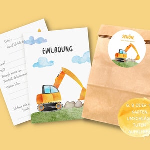 Excavator invitation cards and guest gift bags set for construction site birthdays