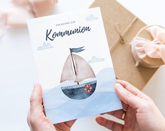 Einladung Kommunion Junge Segelboot, Kommunion Einladungskarte Mädchen, Kommunion Einladung Aquarell, Erstkommunion Einladung zum Ausfüllen