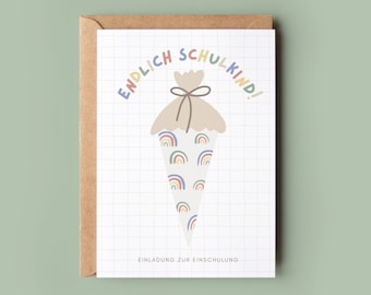 Regenbogen Schultüte Einladungskarte Einschulung Mädchen, Vintage Zuckertüte Einladung Junge, Einschulungseinladung Schulanfang Schulkind