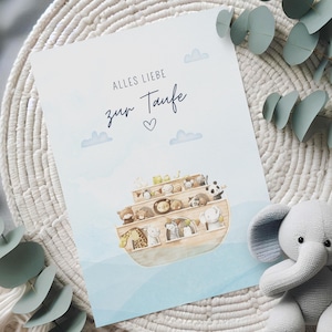Taufe Glückwunschkarte Baby Kind Arche A6, Geschenk Taufkarte Junge Mädchen Aquarell, blau Grußkarte heilige Taufe Unisex Geldgeschenk Paten