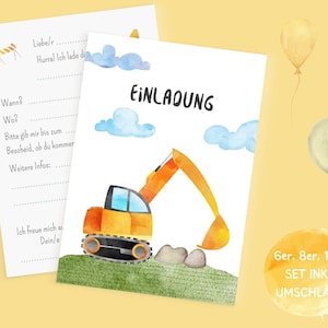 Excavator invitation card set to fill out including envelope for construction site birthday