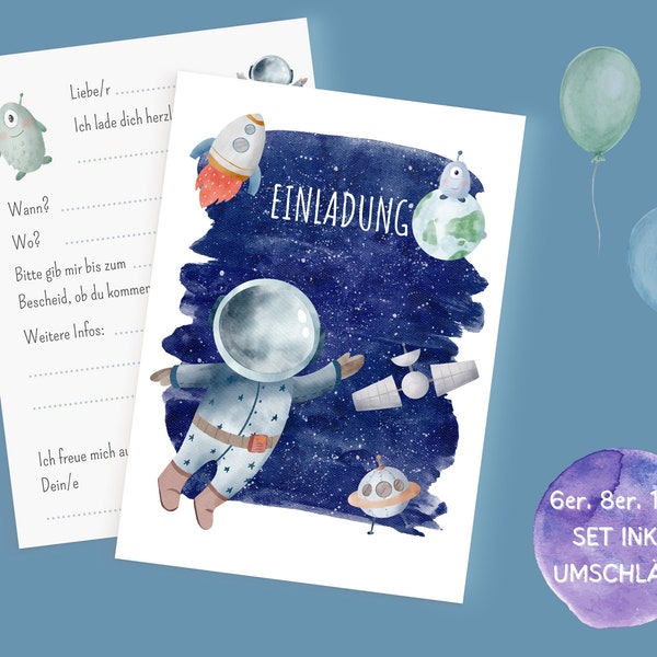 Astronaut Einladungskarten Set zum Ausfüllen inkl. Umschläge für Weltall Kindergeburtstag oder Astronauten Geburtstag